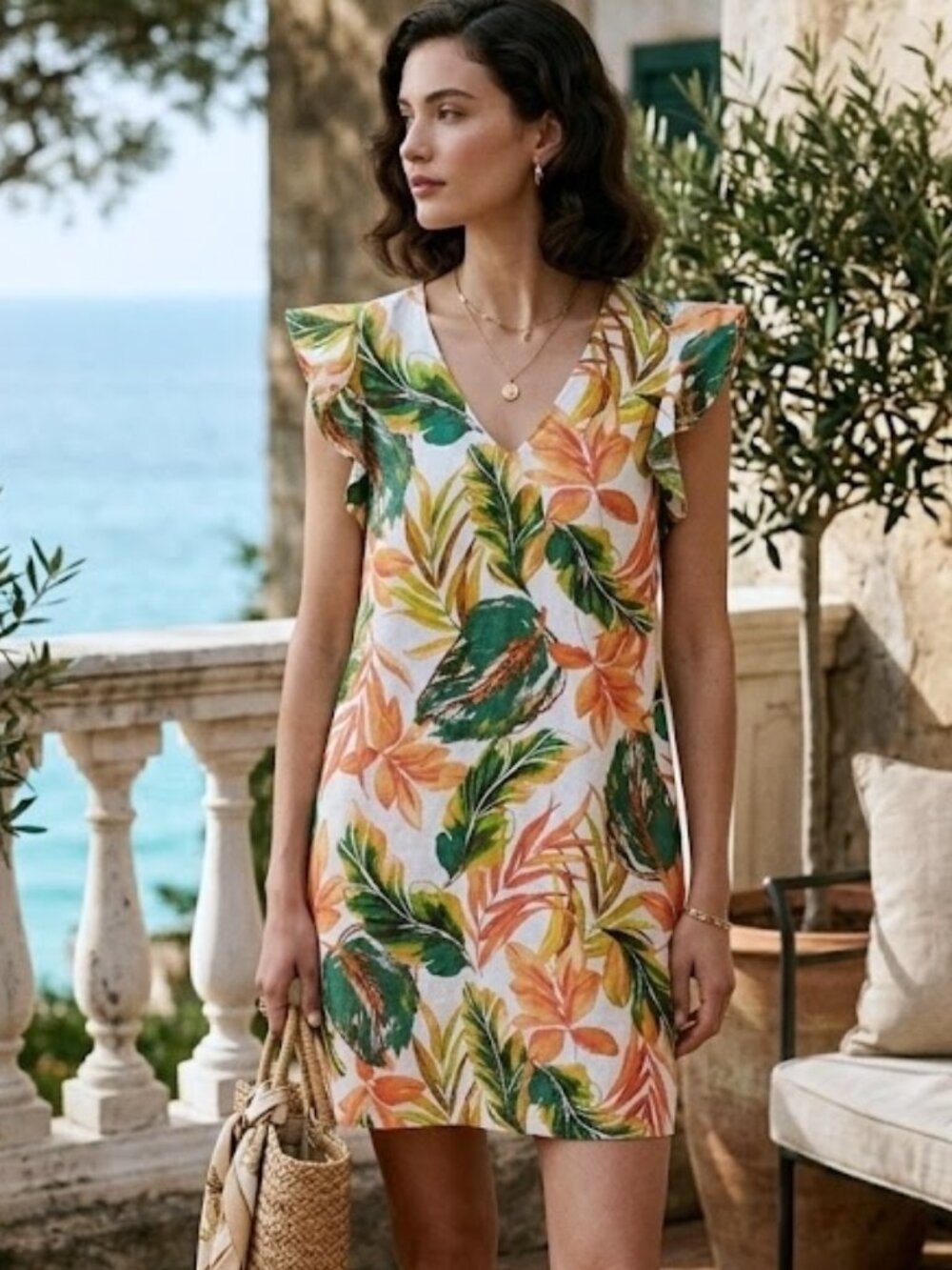 Nicole Miller Ruffle Sleeve Linen Tropical Floral Print V-Neck Dress Size Medium